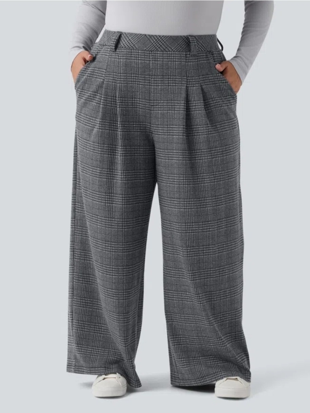 Plus Size 2X High Waisted Wide Leg Houndstooth Plaid Casual Pants  Pockets(248B6